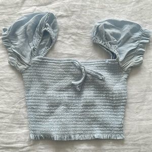 Aritzia Blue Smocked Crop Blouse with Cap Sleeves